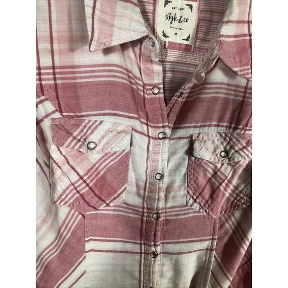 Style & Co Womens Shirt Button-Up Pink Plaid Size Medium - Picture 6 of 12